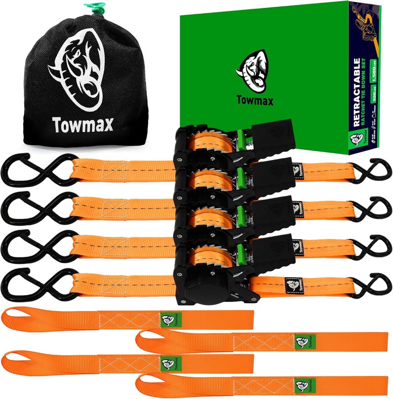 Tow-max Retractable Ratchet Straps(4 Pack) - 1in x 10ft Self Retracting Ratchet Straps with Soft Loops, 1,500 lbs Break Strength Retractable Tie Down Straps, Easy Retract for Motorcyle, Cargo, Truck, Trailer - Image 1